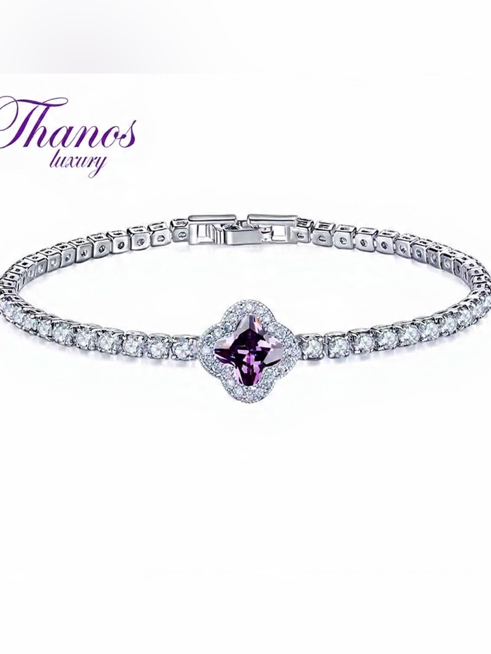Purple Crystal Clover Tennis Bracelet in Silver(Mystery Necklace)